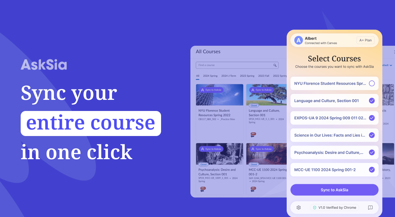 AskSia extension showing the Sync to AskSia button on a real LMS course page, with the extension panel expanded and course materials ready to migrate