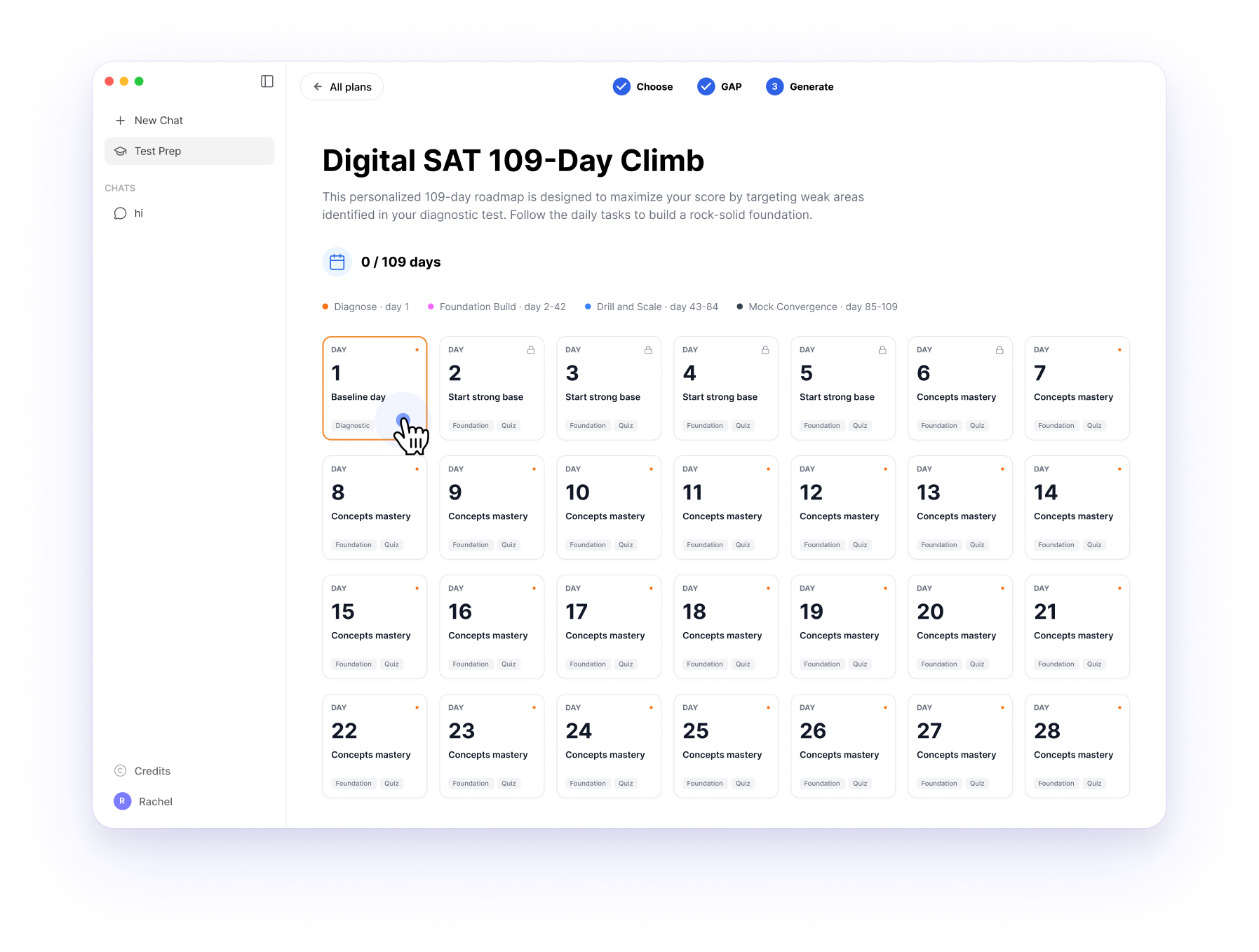 AskSia ACT 60-day plan calendar across four phases: Diagnose, Foundation Build, Targeted Drill, Final Mocks